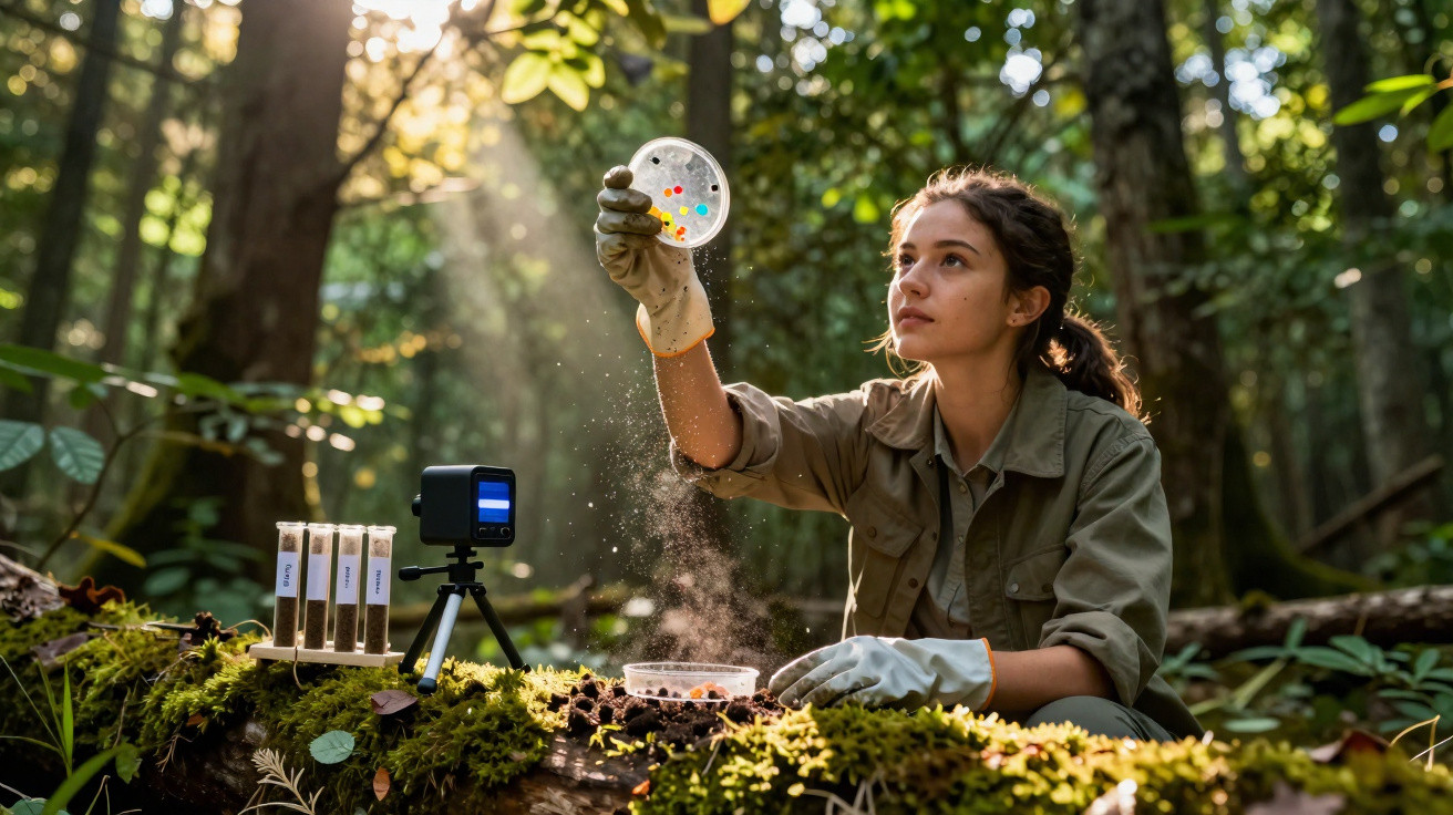 Chercheuse en forêt examinant une boîte de Pétri, analyse des échantillons de sol sur une souche recouverte de mousse.