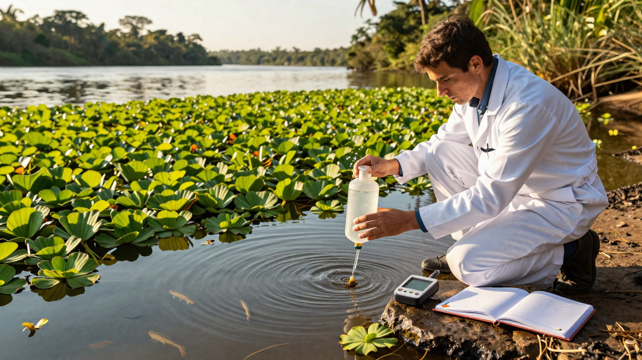 Scientifique en blouse blanche prélève un échantillon d'eau dans une rivière entourée de végétation aquatique.