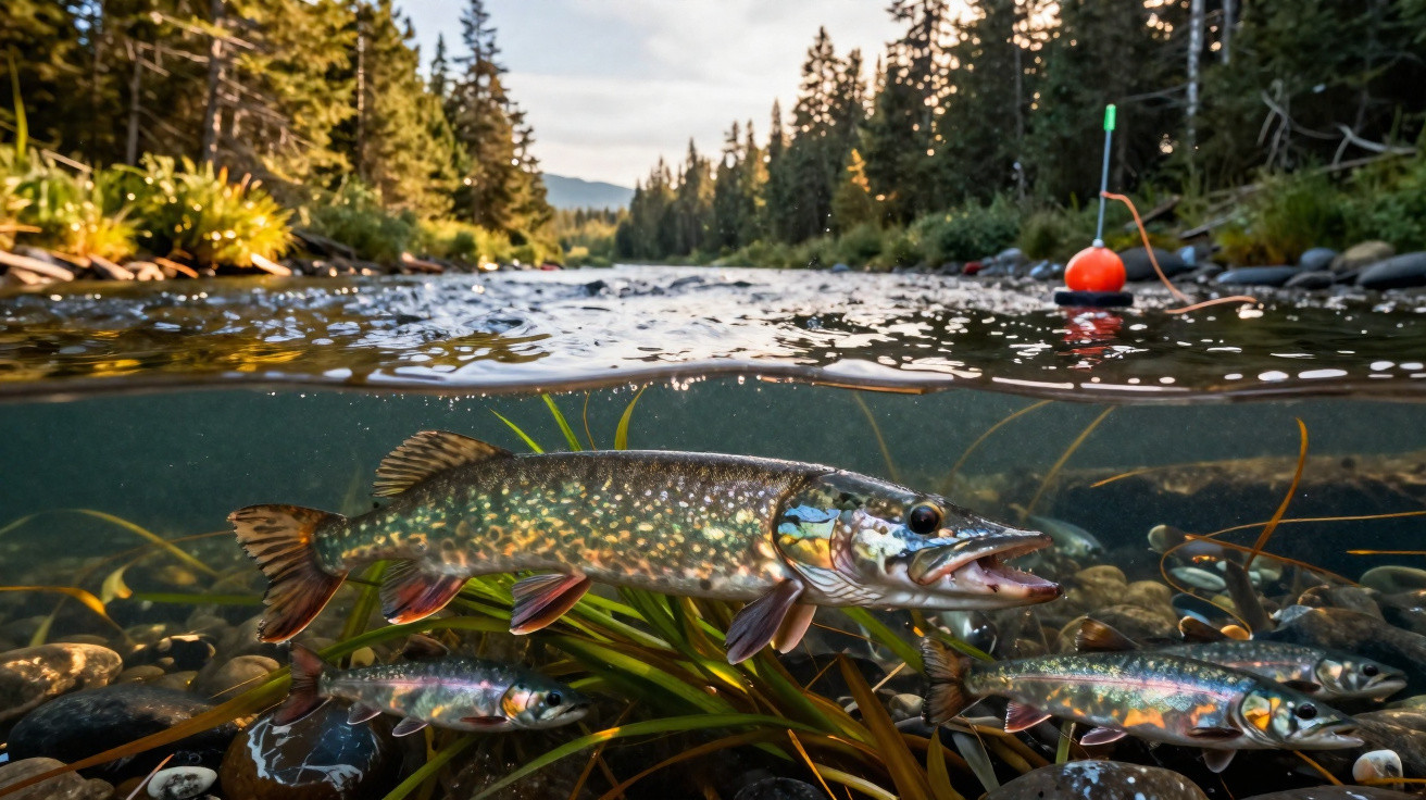 Poisson carnassier et petits poissons nageant sous l'eau claire d'une rivière en forêt.