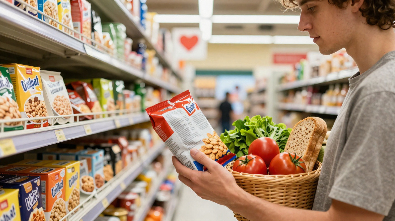 Jeune homme tenant un panier de courses avec légumes et pain, regardant un paquet dans une allée de supermarché.