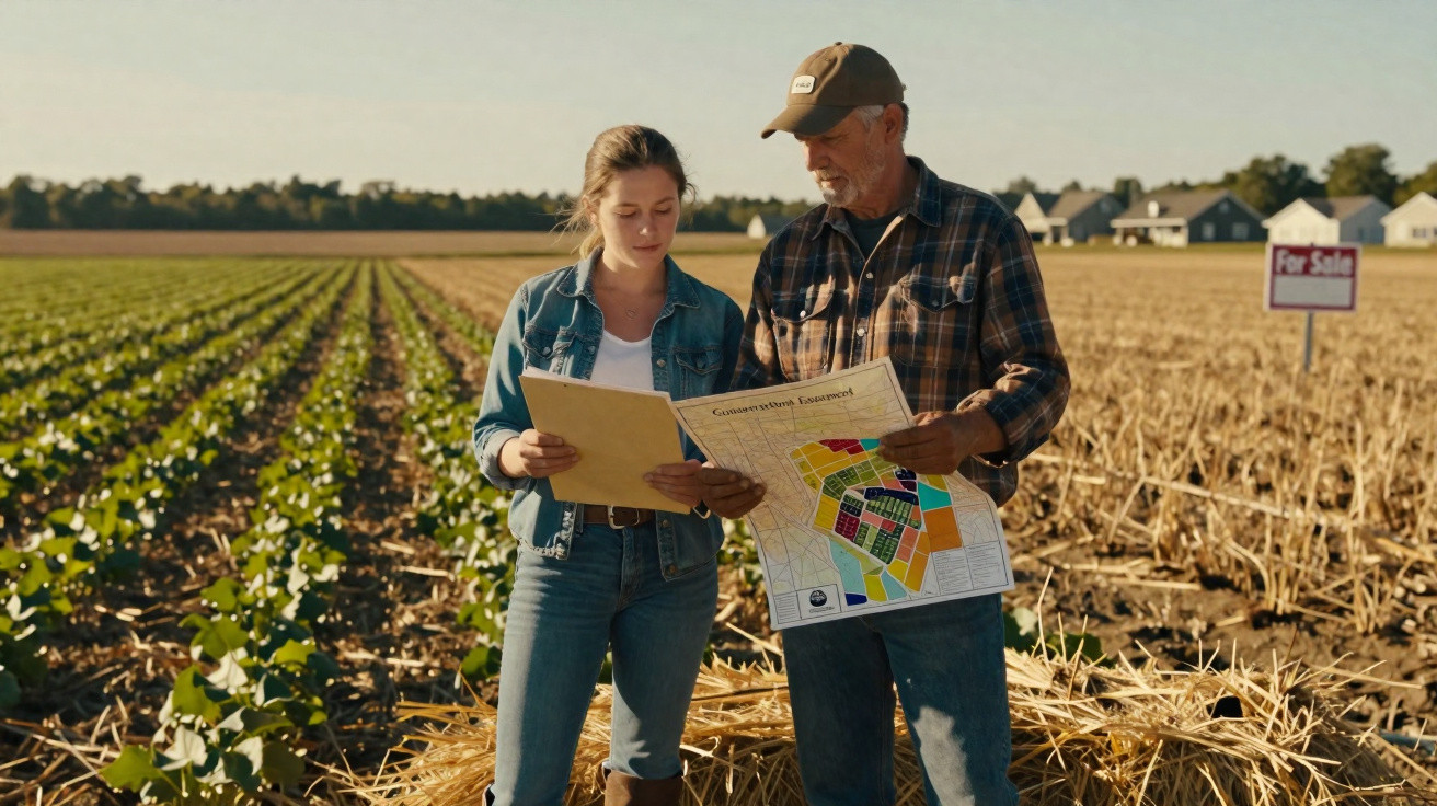 Deux agriculteurs regardent un plan coloré dans un champ, panneau "à vendre" en arrière-plan.