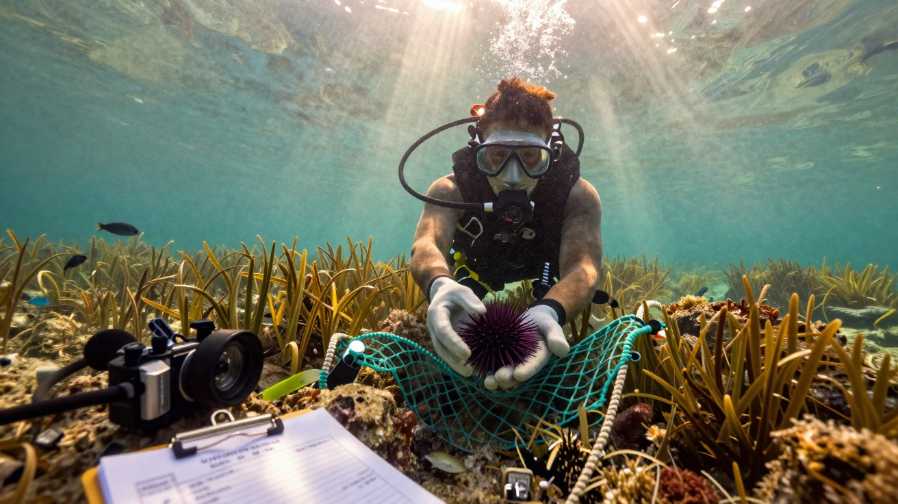 Plongeur scientifique collecte un oursin sous-marin avec filet pour étude marine sur fond de faune aquatique.