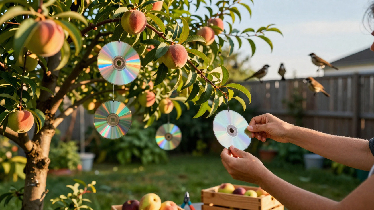 Personne accrochant un CD sur un arbre fruitier avec des pêches dans un jardin ensoleillé.