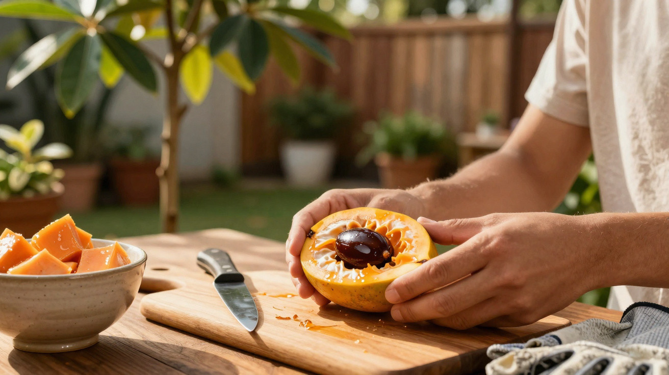 Mains tenant une moitié de fruit du miracle à graines noires sur planche en bois avec bol de morceaux et couteau.
