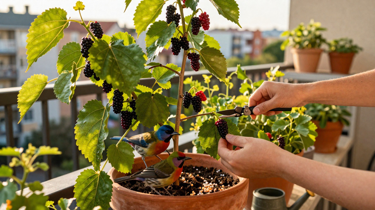 Personne cueillant des mûres sur un plant en pot avec deux oiseaux colorés sur le rebord d’un balcon.