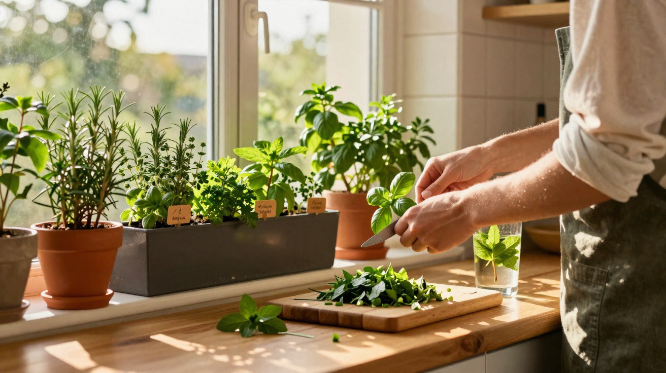 Personne coupant des herbes fraîches sur une planche devant une fenêtre ensoleillée avec plantes en pot.