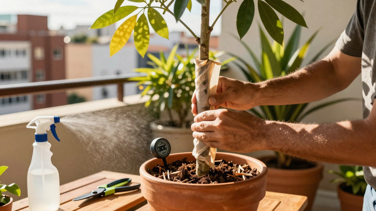 Arrosage d’une plante en pot sur un balcon avec une bouteille pulvérisateur et des mains enveloppant la tige.