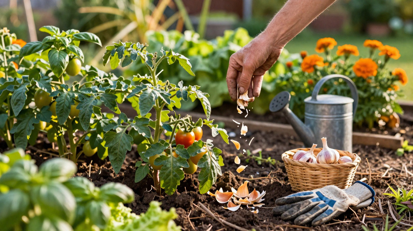 Main répandant des gousses d'ail dans un jardin potager près de pieds de tomates mûres et outils de jardinage.