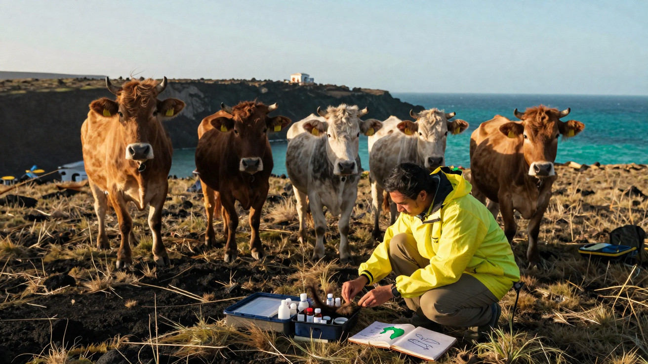 Homme en veste jaune effectue des analyses au sol devant un groupe de cinq vaches près de la mer sous un ciel clair.