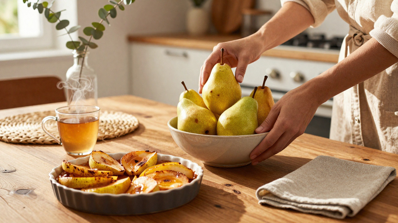 Mains déposant un bol de poires fraîches sur une table en bois avec thé fumant et poires grillées.