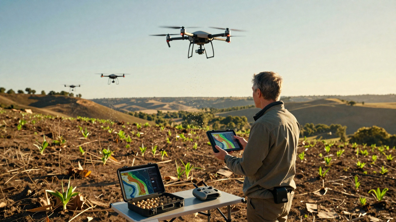 Agriculteur contrôlant des drones pour la surveillance agricole dans un champ avec tablette et ordinateur portable.