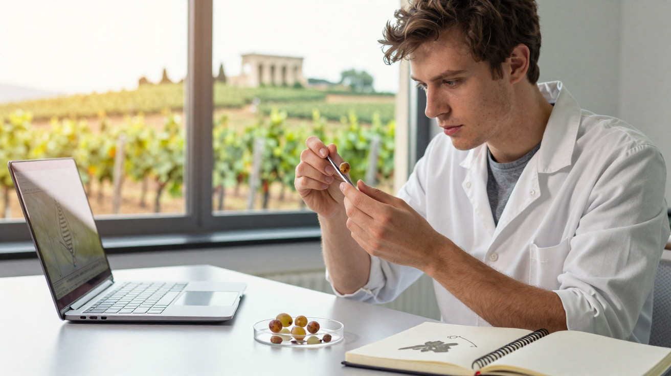 Jeune homme en blouse blanche examine des raisins au laboratoire avec ordinateur et carnet, vigne visible à travers la fenêtr