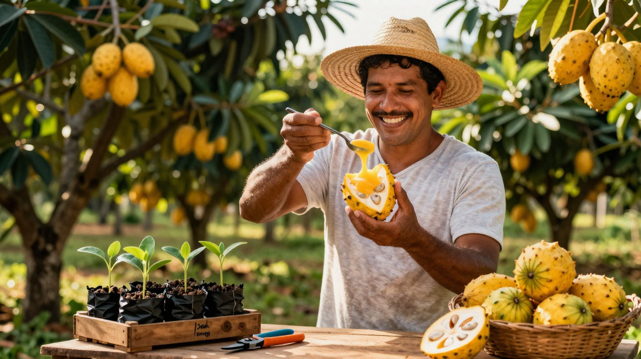Homme souriant en chapeau dégustant un fruit jaune ensoleillé dans un verger verdoyant.