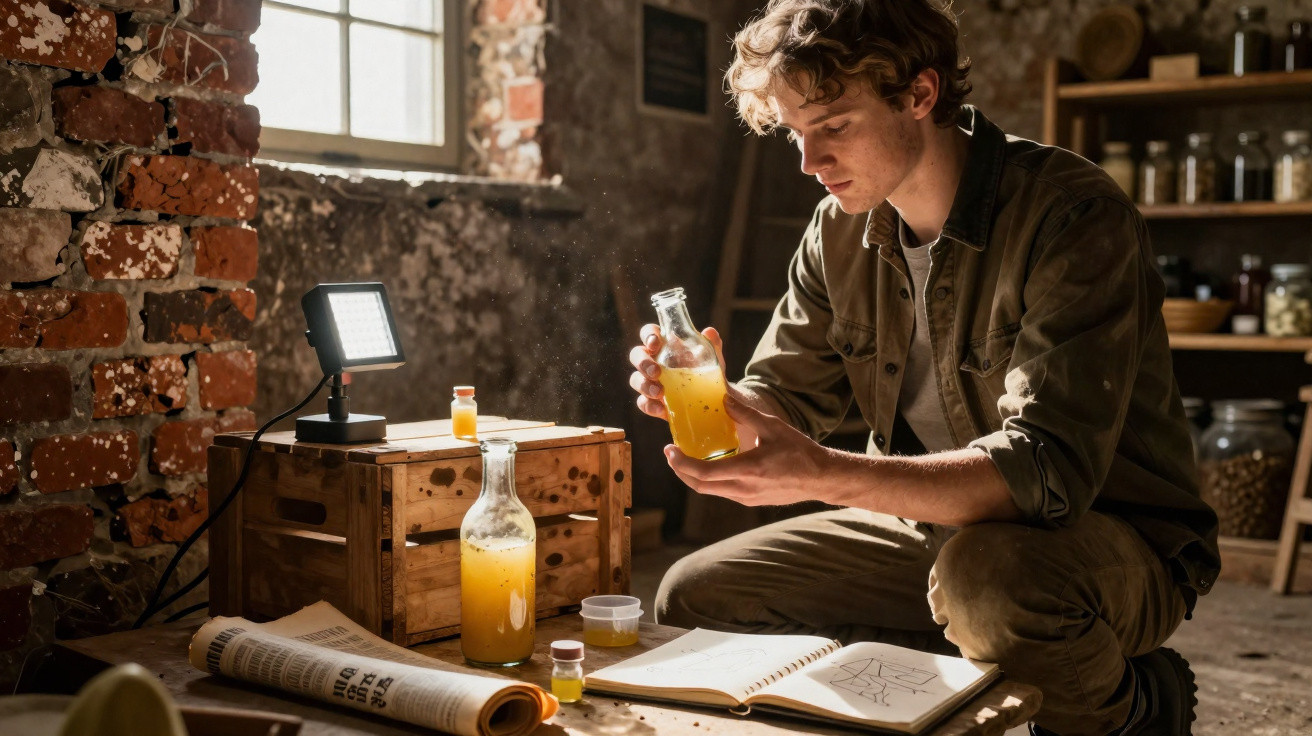 Jeune homme analysant une bouteille de liquide orange dans un atelier ancien avec notes et bocaux.