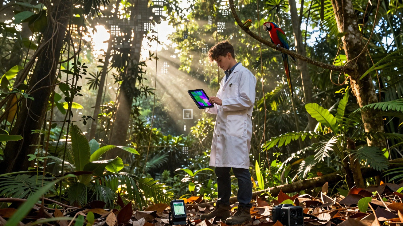Chercheur en blouse blanche utilisant une tablette dans une forêt tropicale avec un perroquet coloré à côté.