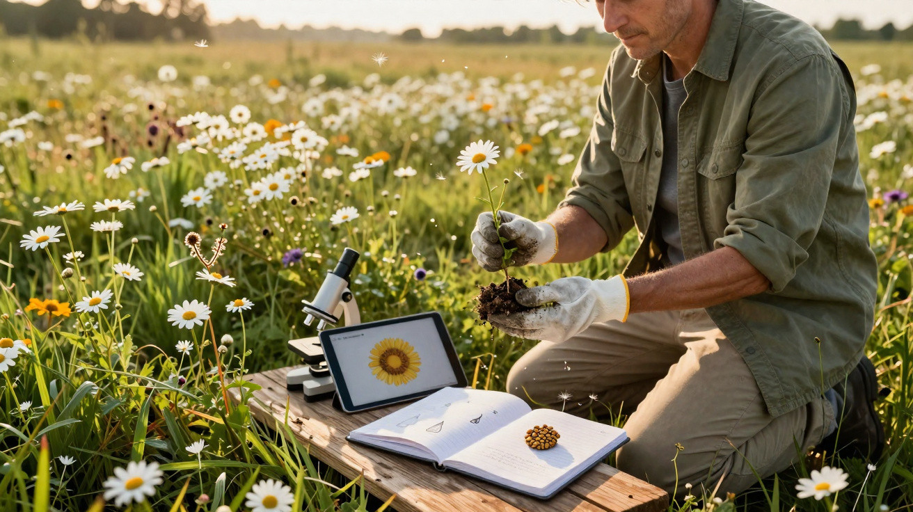 Un homme étudie une marguerite dans un champ, avec microscope, tablette et carnet de notes.