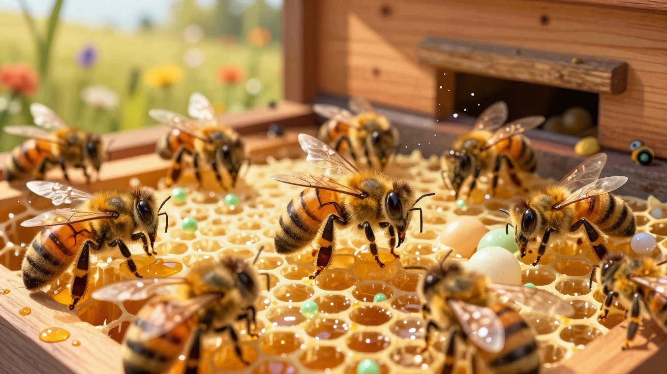 Gros plan sur des abeilles récoltant du nectar dans une ruche en nid d’abeilles pleine de miel doré.