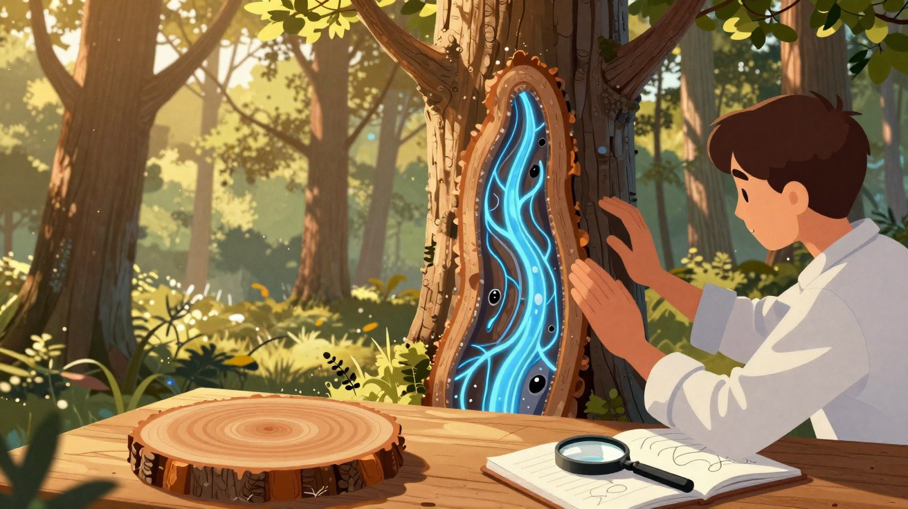 Un jeune homme observe un portail lumineux bleu dans un tronc d'arbre en forêt, avec une loupe et un carnet.