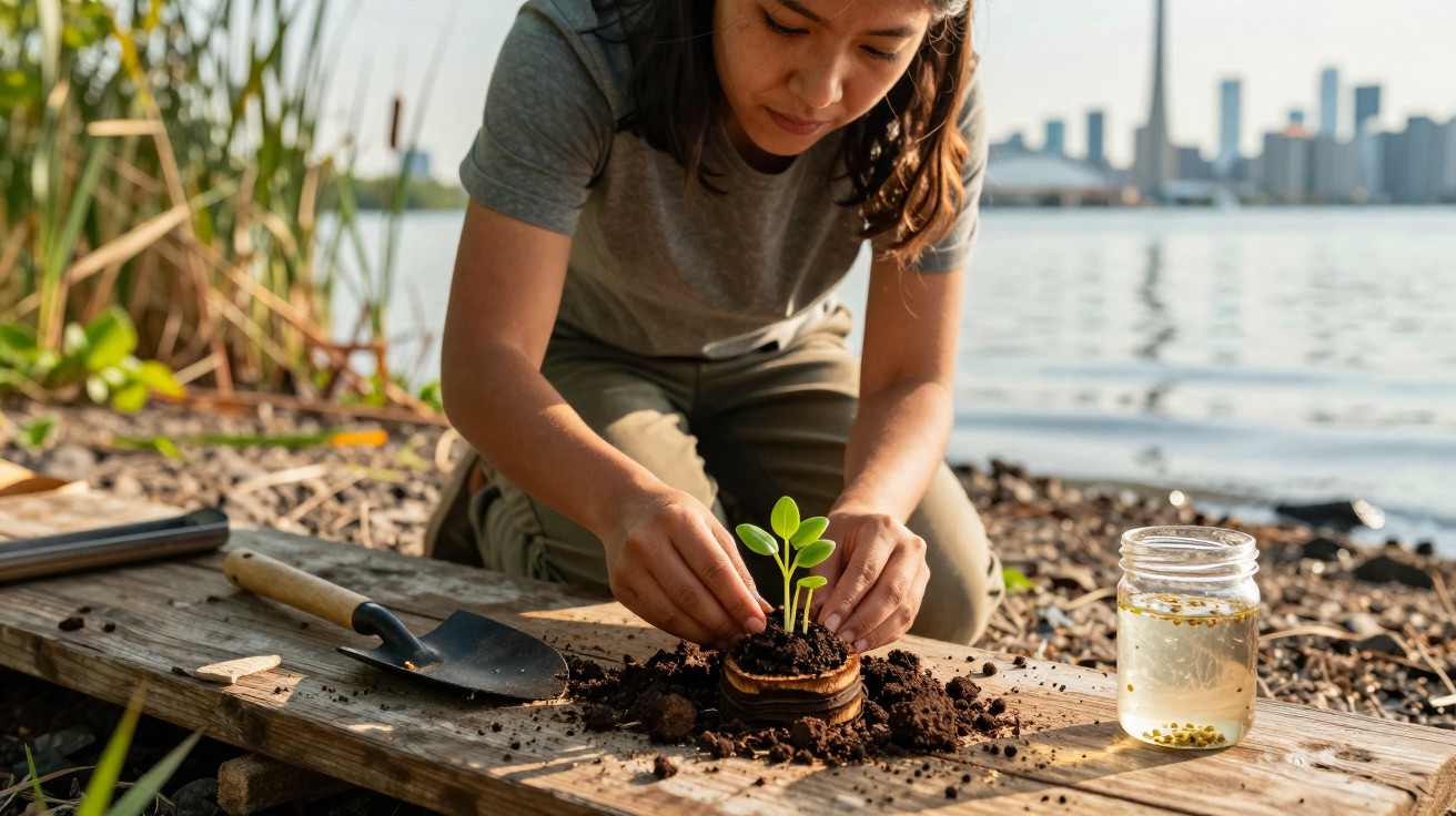 Une femme plante une jeune pousse dans la terre au bord d'un lac avec une ville en arrière-plan.