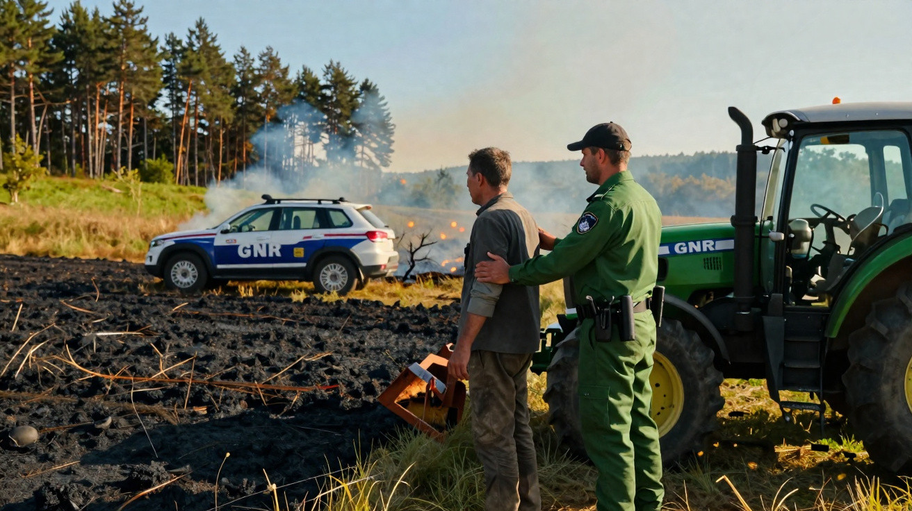 Un agent de la GNR accompagne un homme près d'un champ brûlé avec un véhicule et un tracteur en arrière-plan.