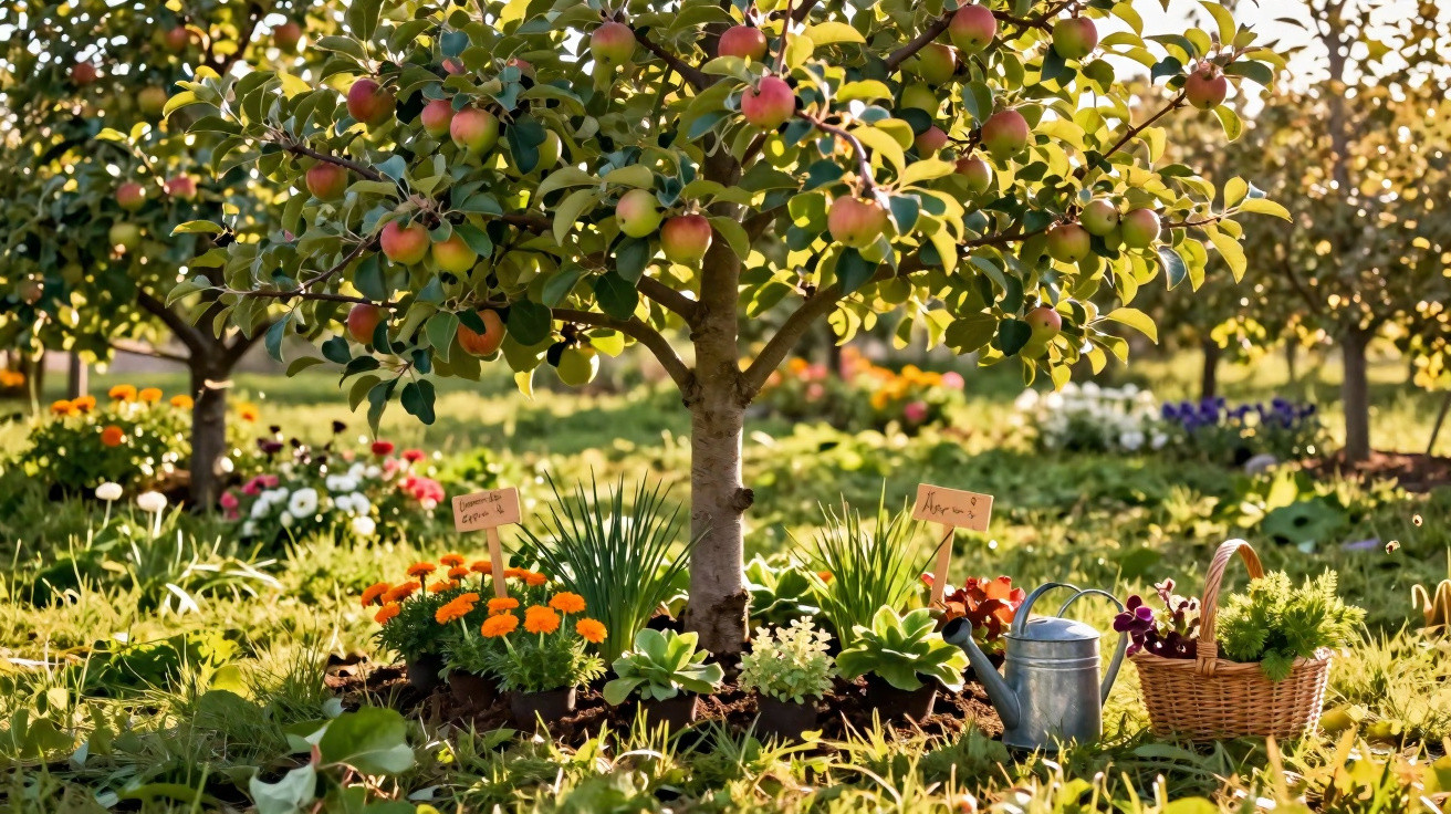 Arbre fruitier chargé de pommes mûres dans un jardin fleuri sous un soleil doré.