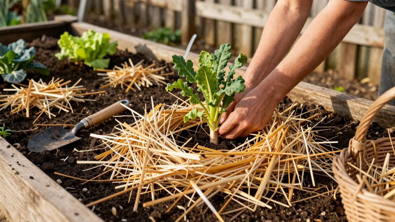 Mains plantant une jeune pousse dans un potager en carré, autour paillis de paille et outils de jardinage.