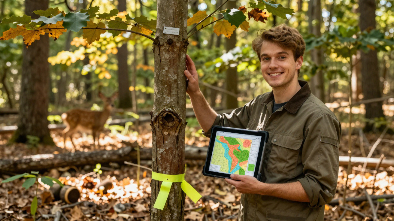 Jeune homme souriant en forêt tenant une tablette avec une carte topographique, arbre marqué et cerf en arrière-plan.