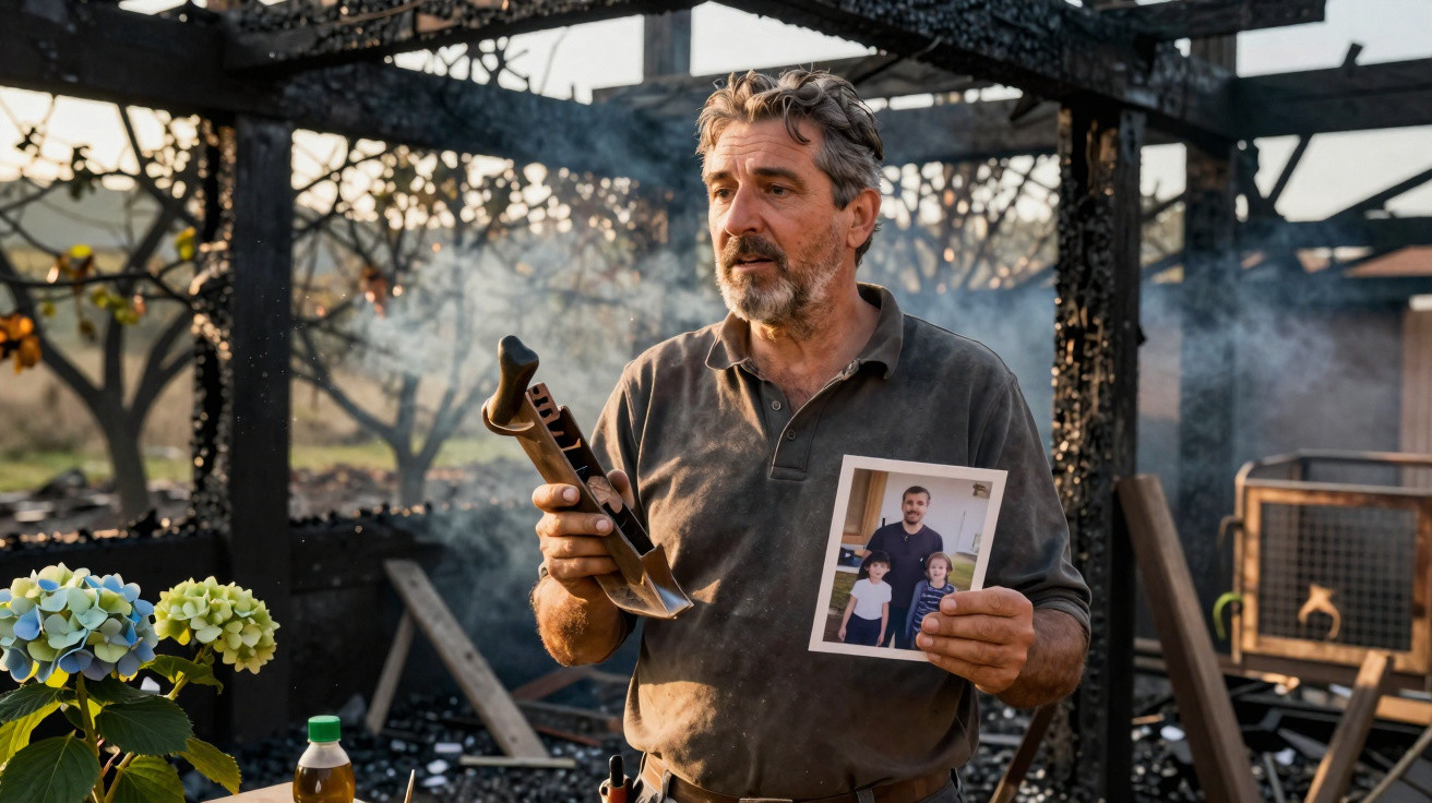 Homme tenant une photo de famille et un objet brûlé devant une structure carbonisée et enfumée.