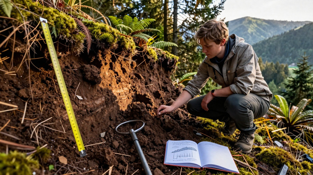 Jeune chercheur examine un profil de sol en forêt avec outils et carnet de notes.