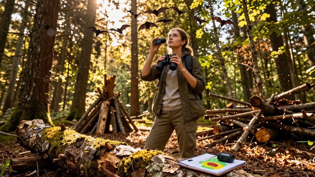 Jeune femme observe des chauves-souris dans une forêt avec jumelles et appareil de mesure.