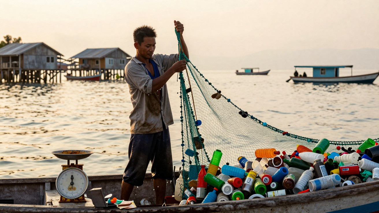 Un homme trie des bouteilles en plastique sur un bateau près de maisons sur pilotis au coucher du soleil.