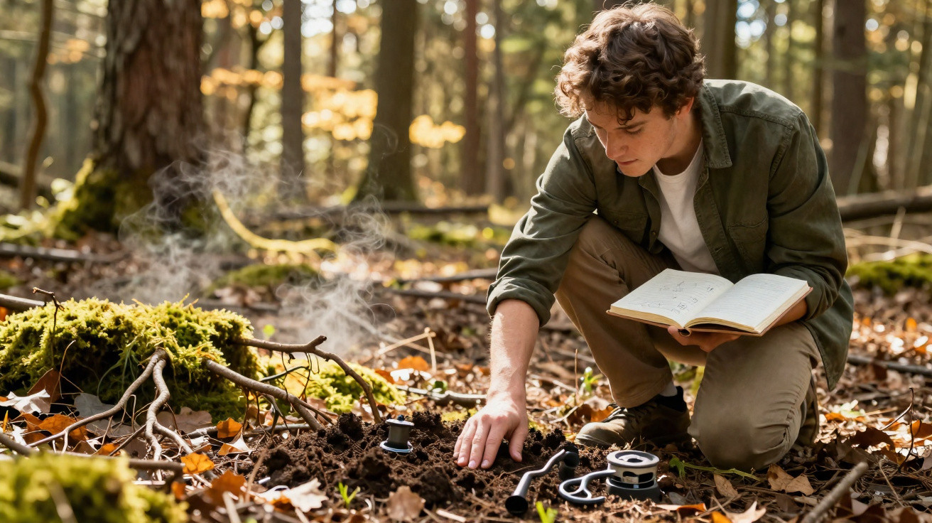 Jeune homme examinant un sol en forêt avec un carnet et des instruments scientifiques.
