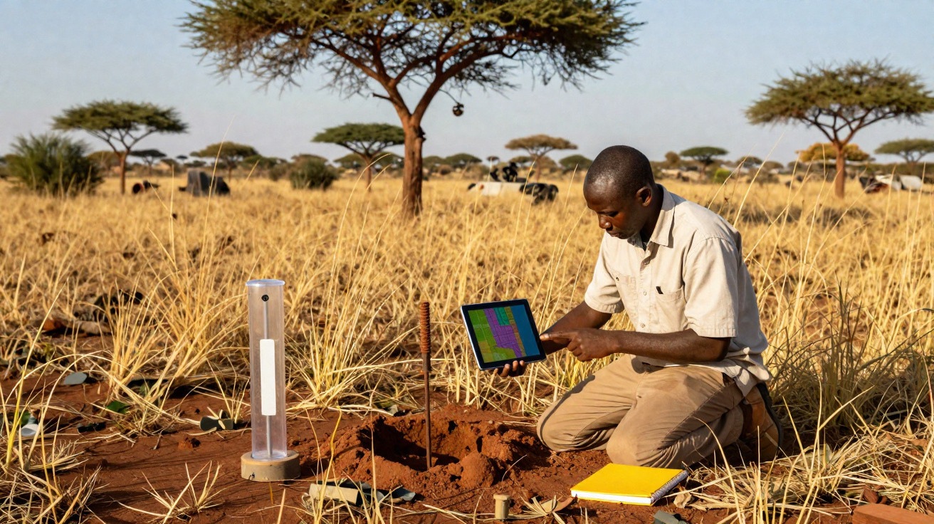Homme en chemise claire utilisant une tablette près d'une fosse creusée en pleine savane africaine.