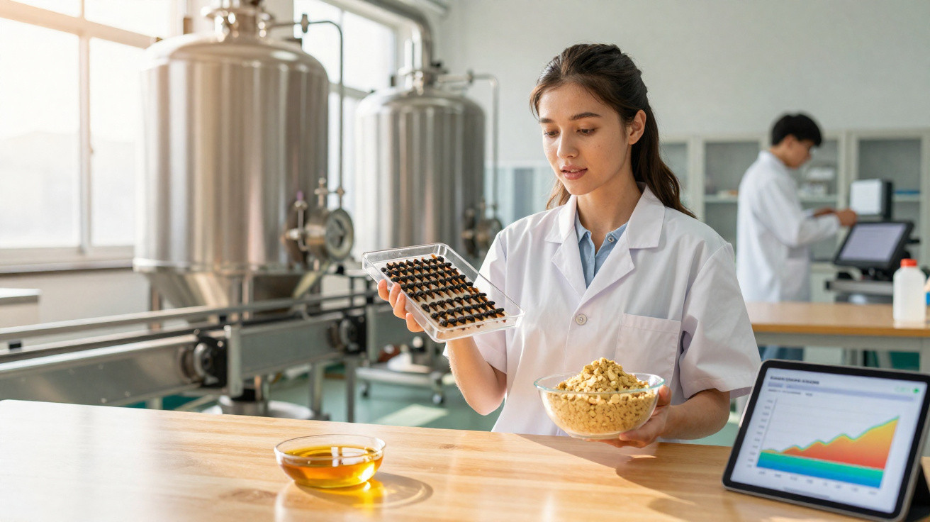 Chercheuse en blouse blanche analysant des échantillons alimentaires dans un laboratoire moderne.