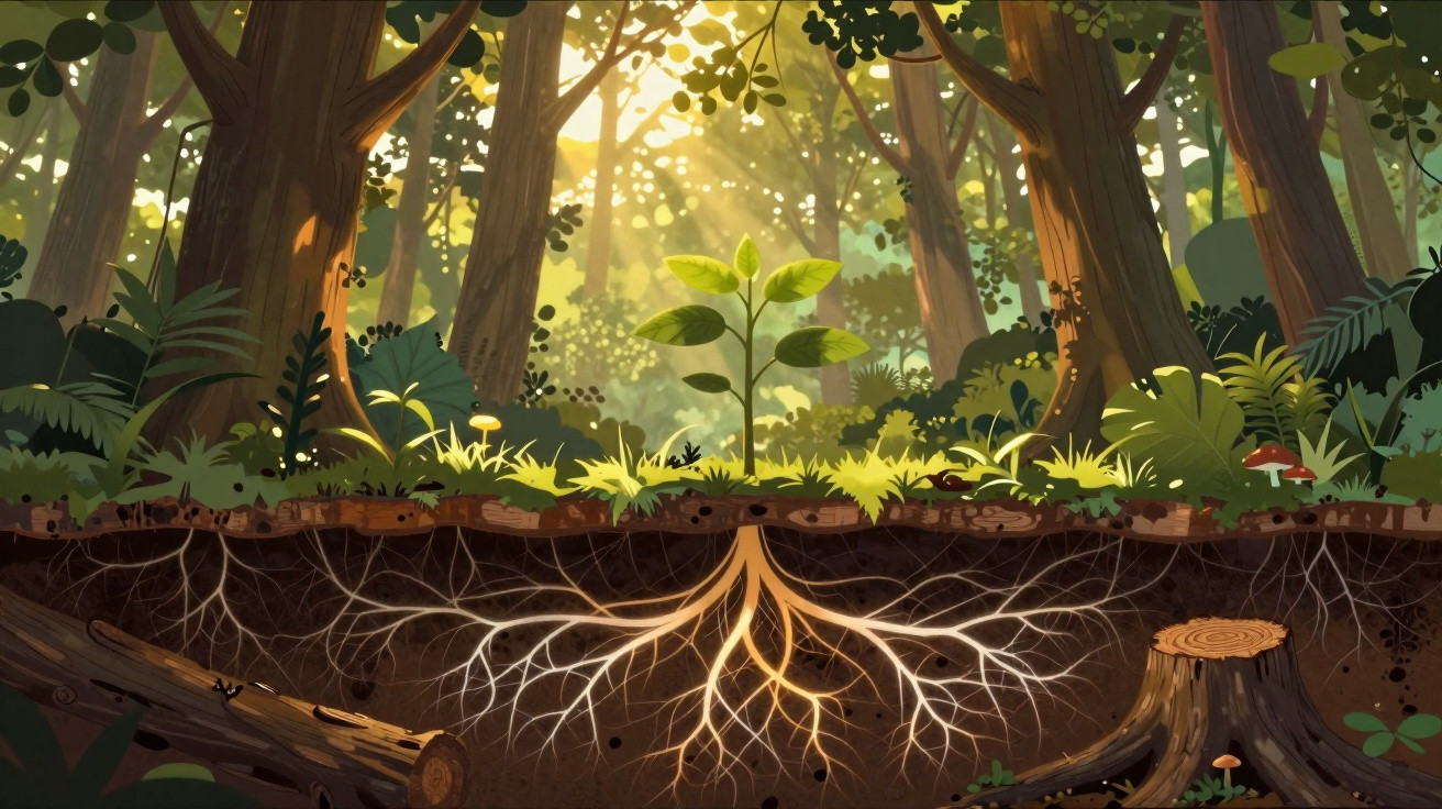 Jeune plant avec racines visibles sous terre dans une forêt lumineuse avec arbres et champignons.
