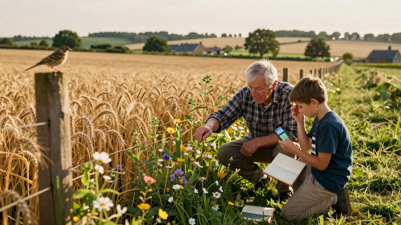 Un grand-père et son petit-fils observent des fleurs sauvages au bord d'un champ de blé doré.