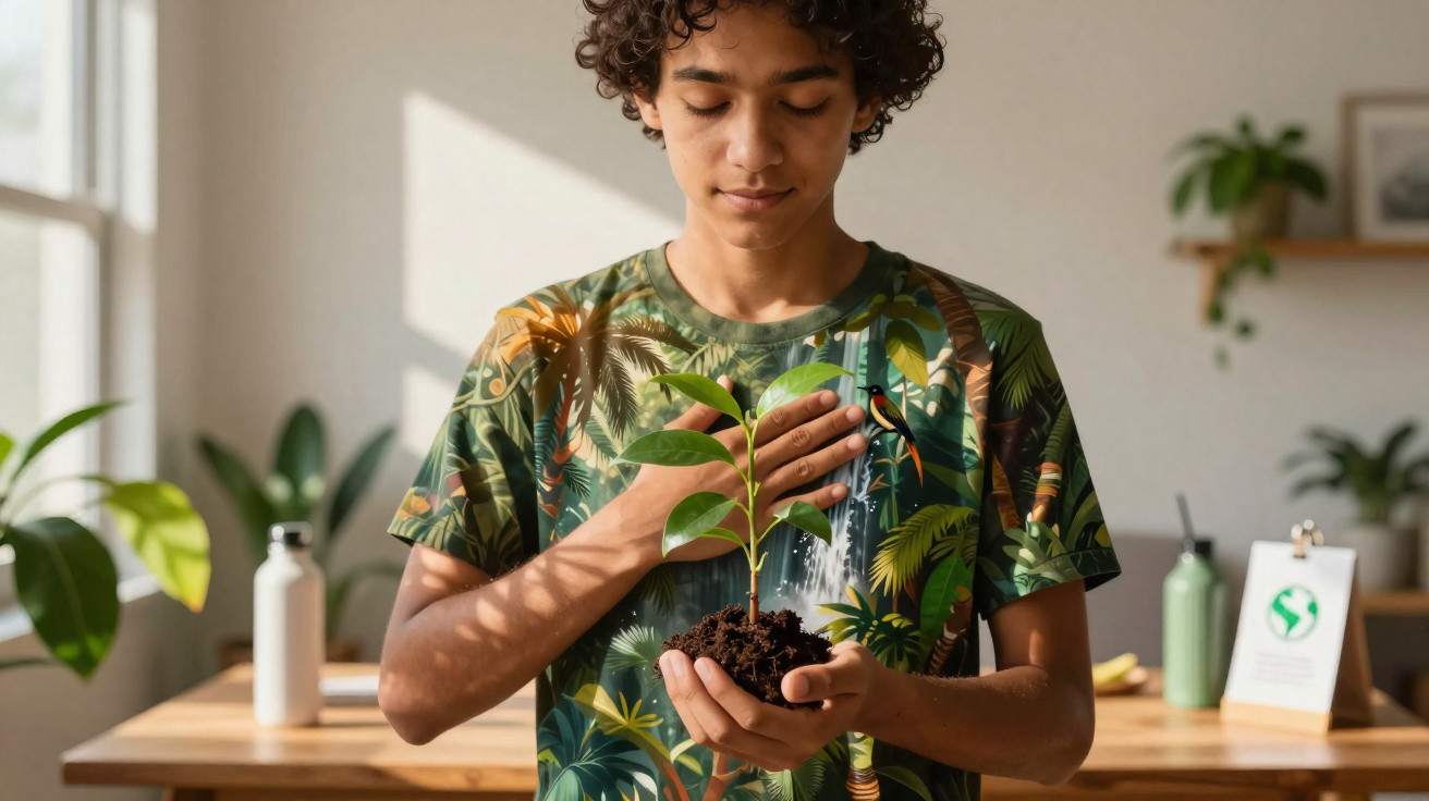 Jeune personne tenant un jeune plant en terre, symbolisant le soin et la protection de la nature.