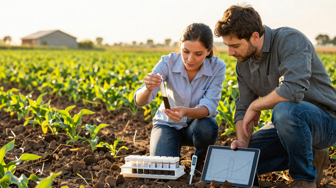 Deux agriculteurs analysent un échantillon de sol dans un champ, avec tablette et tubes d'analyse.