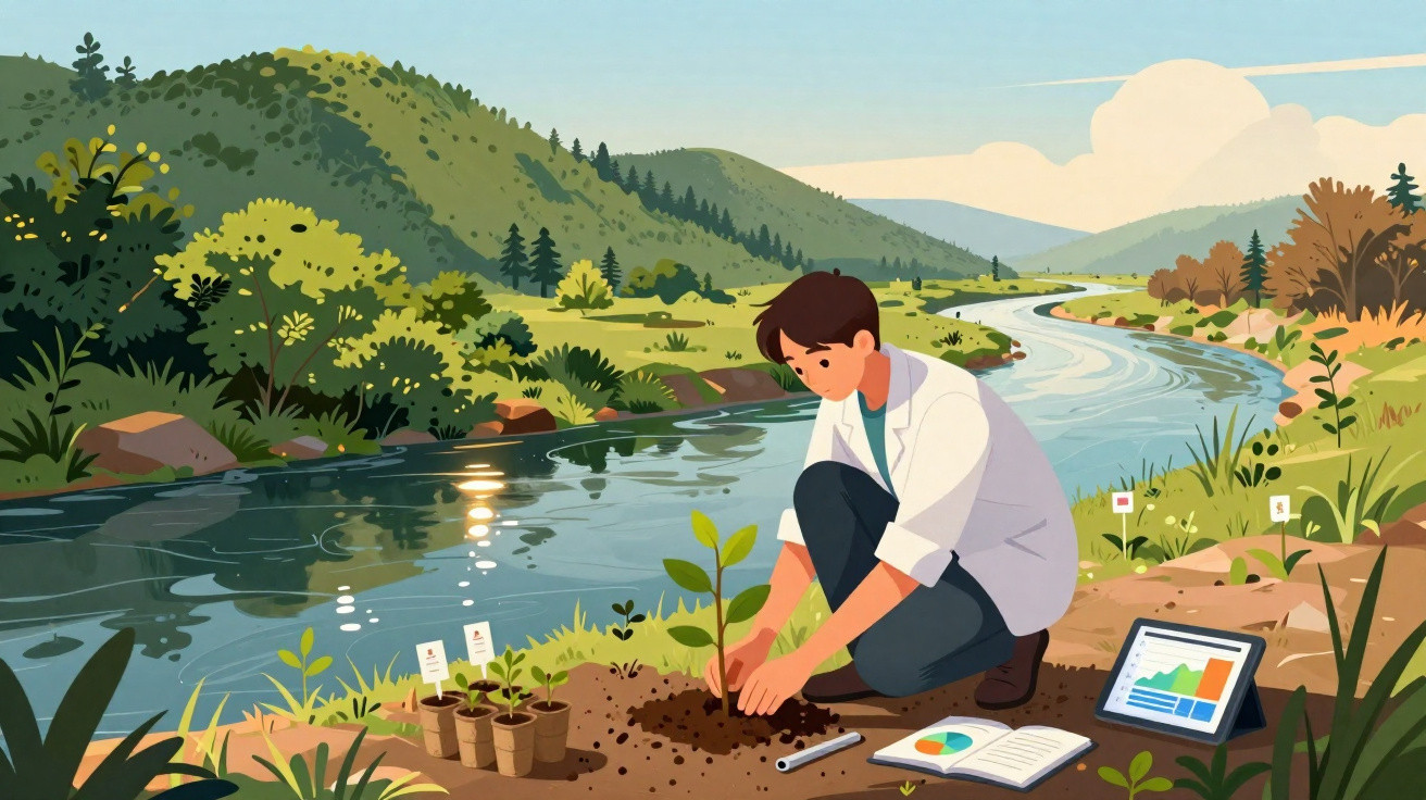 Jeune scientifique plantant un arbre au bord d’une rivière, avec tablette et carnet d’observations.