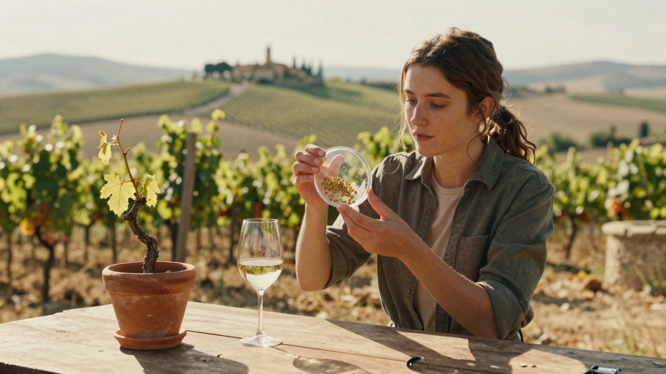 Jeune femme observant des grains de raisin dans un verre, assise à une table devant une vigne ensoleillée.