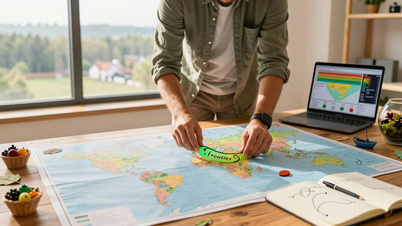 Personne plaçant une étiquette "frontière" sur une carte du monde étalée sur une table ensoleillée.