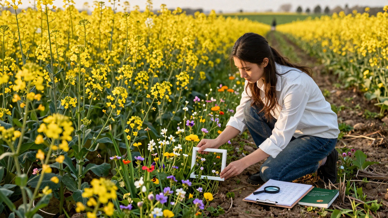 Femme en chemise blanche et jeans prenant des notes sur un carnet en analysant des fleurs multicolores dans un champ.