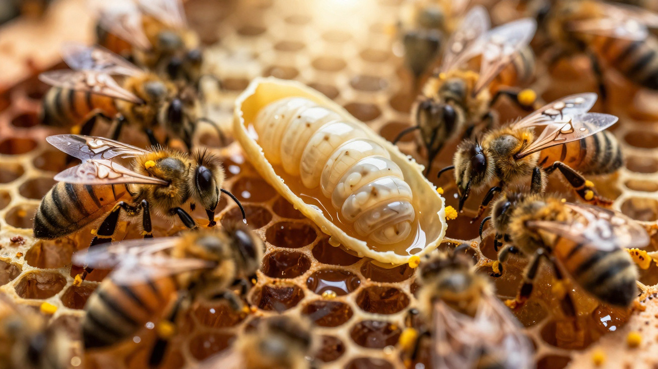 Abeilles entourant une larve de reine sur une ruche en nid d'abeilles rempli de miel.