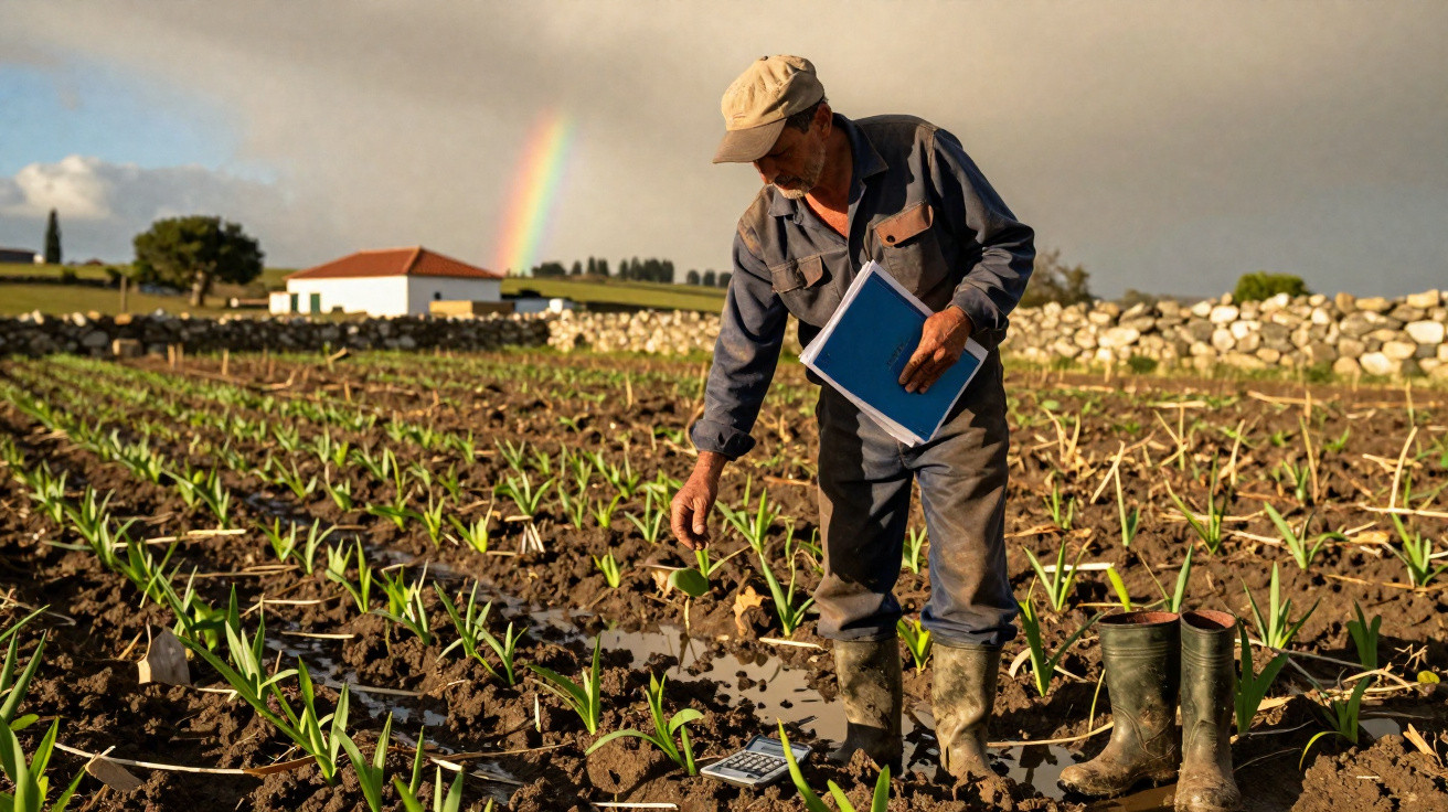 Agriculteur inspectant ses jeunes plantes dans un champ après la pluie avec un arc-en-ciel en arrière-plan.