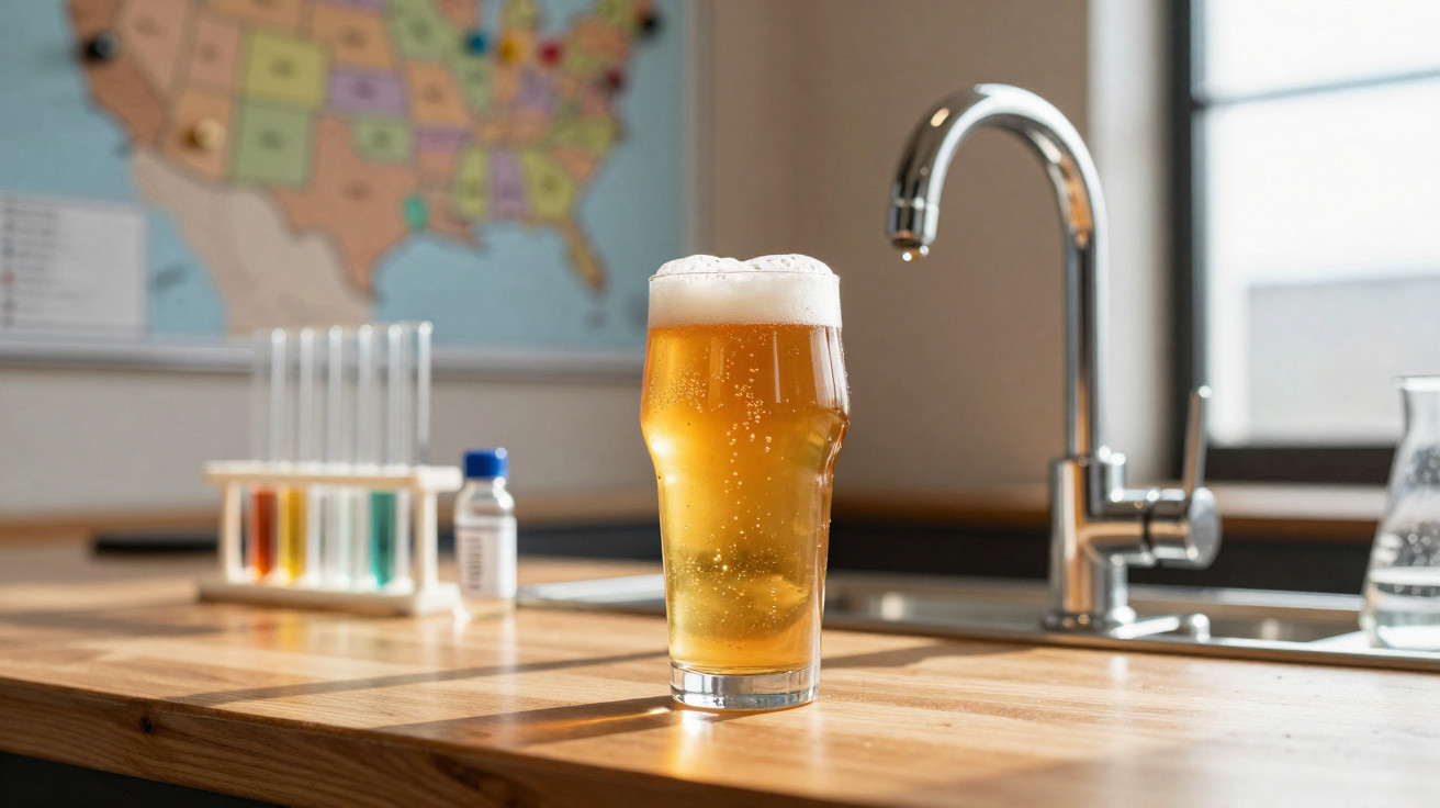Verre de bière mousseuse posée sur un plan de travail près d'un évier avec une carte des États-Unis en arrière-plan.