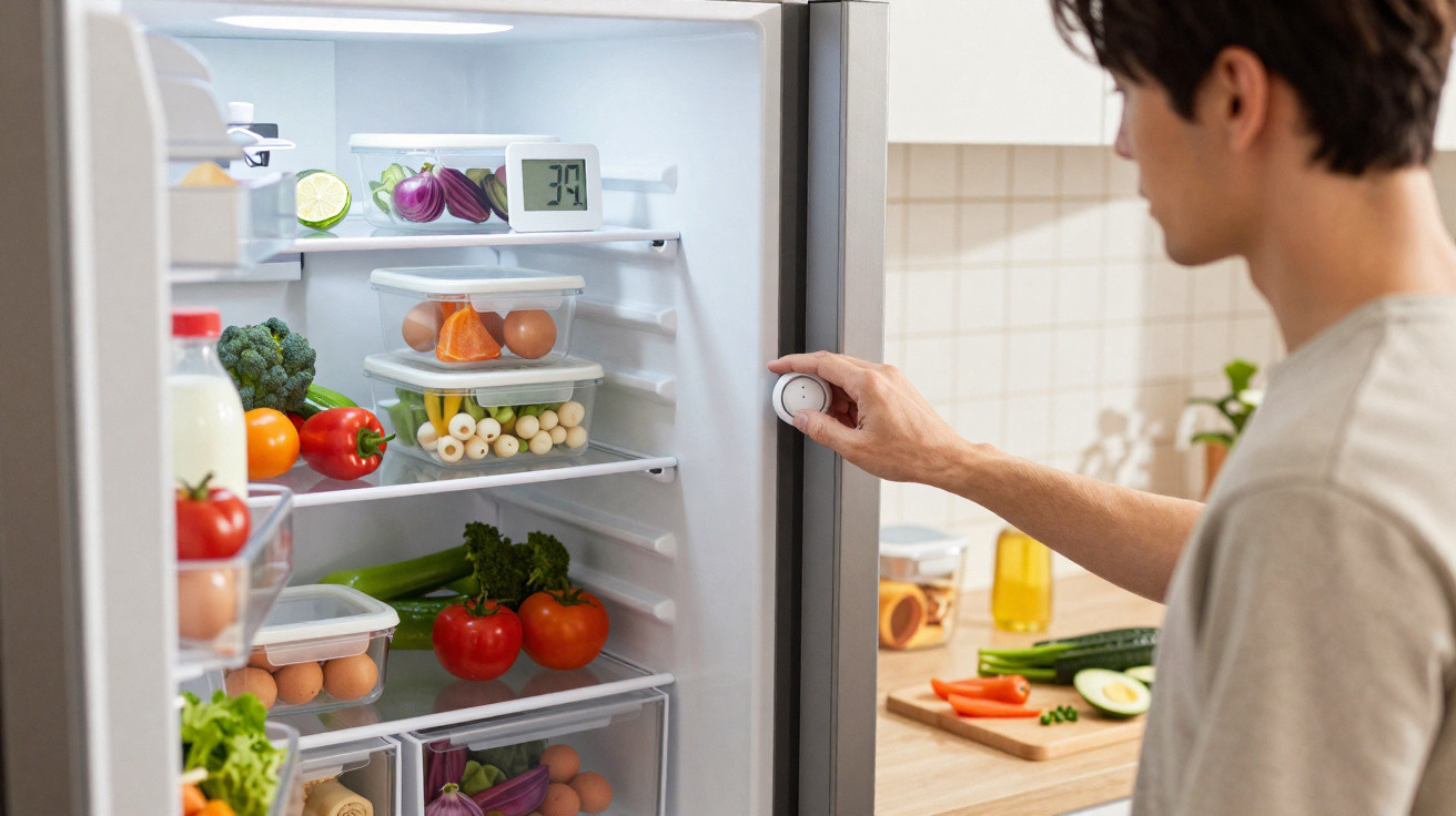 Un homme ajuste la température d'un réfrigérateur ouvert rempli de légumes, œufs et produits frais.