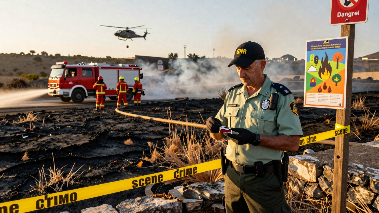 Agent de la GNR inspectant une zone incendiée avec pompiers, camion et hélicoptère en intervention, zone délimitée par ruban.