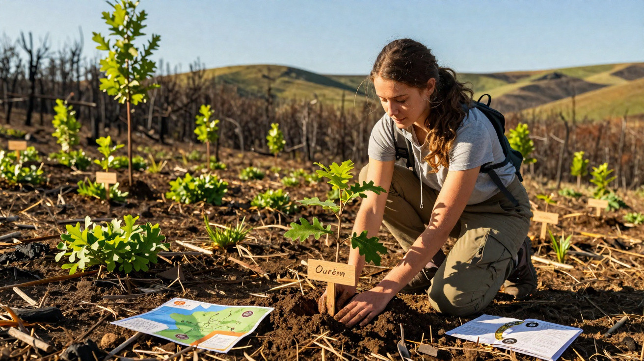 Femme plantant un arbre marqué "Ourém" dans un champ avec des documents et des collines en arrière-plan.