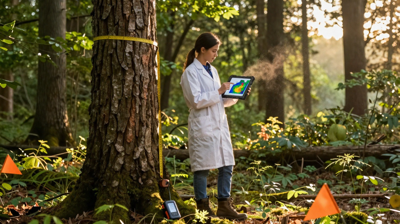 Scientifique en blouse examinant une tablette avec données thermiques près d’un arbre en forêt.