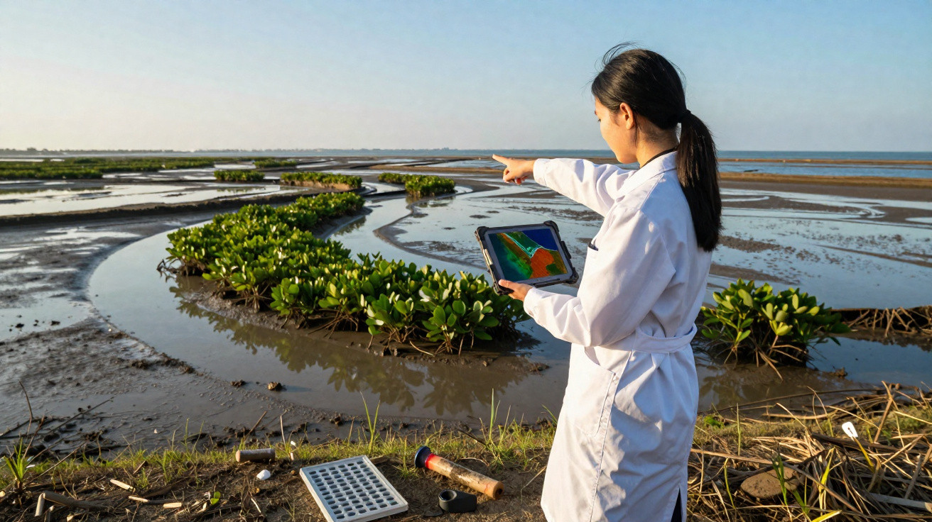 Scientifique en blouse blanche pointant une mangrove en marais avec tablette numérique en main.
